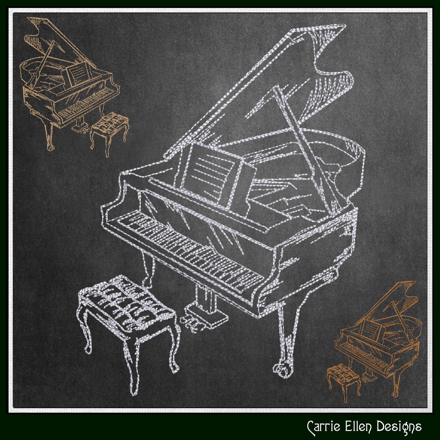 Piano Machine Embroidery Design Sketch, Musical Instrument, Baby Grand Line Art, Ivory Keyboard, 6 Sizes (3161)