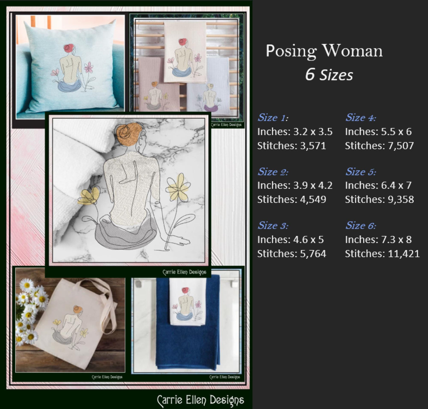 Posing Woman Machine Embroidery Design, Bathing Portrait Line Art, Feminine Body Drawing, 6 Sizes (3170)