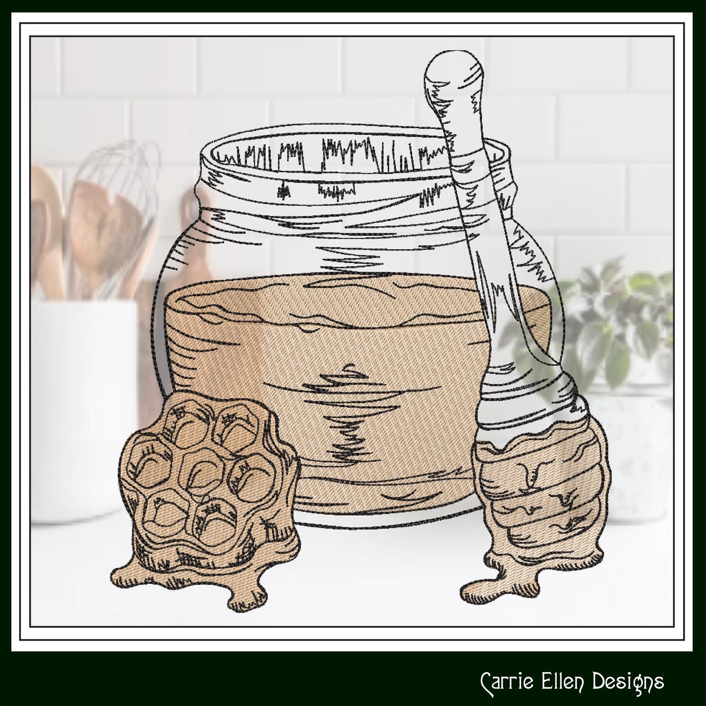 Honey Jar Machine Embroidery Design, Honeycomb Sketch Line Art, Sweet Bee Nectar Pattern, 6 Sizes (3168)