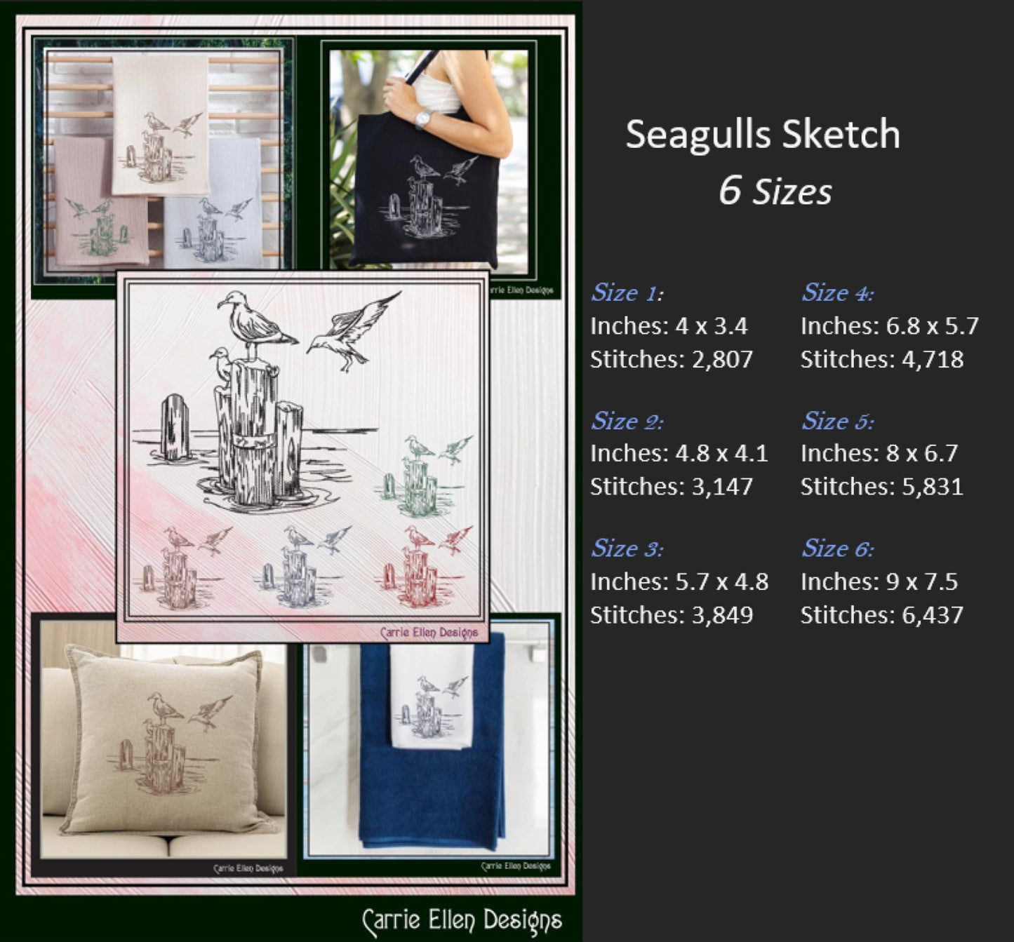 Seagull Machine Embroidery Design, Marine Bird Sketch Pattern, Sea Bird Stitch File, Coastal Beach Scene, 6 Sizes (3167)