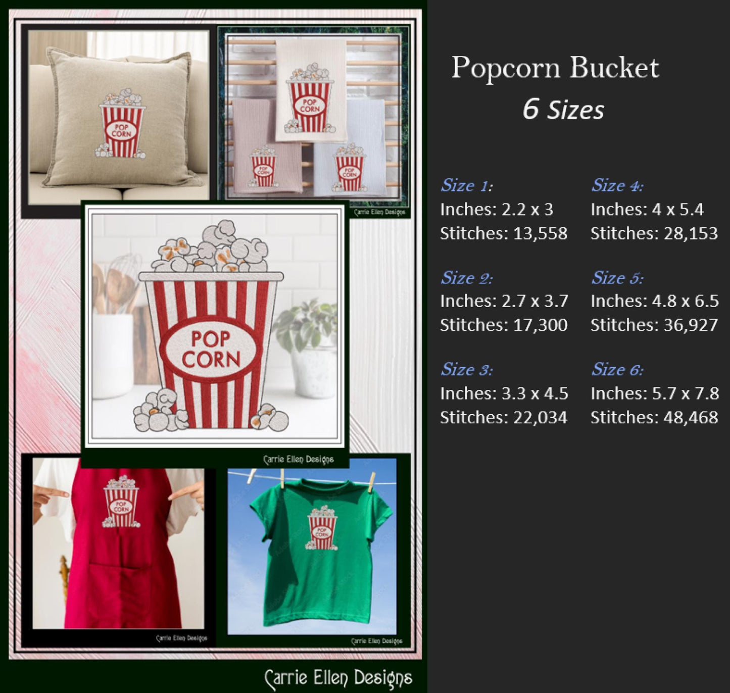 Popcorn Machine Embroidery Design, Movie Night Buttered Snack Food, Vintage Popcorn Bucket, 6 Sizes (3145)