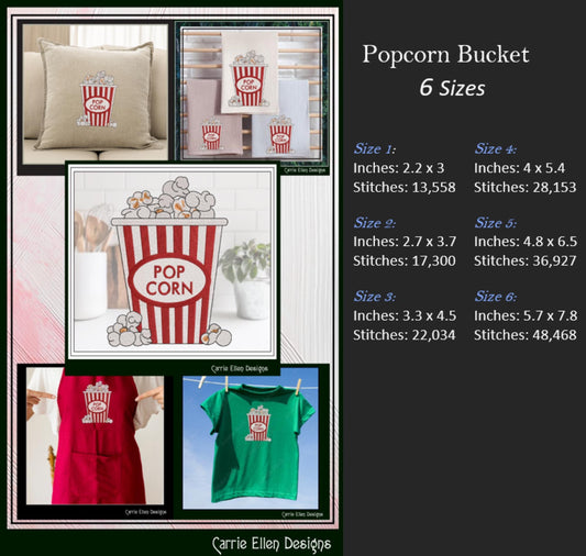 Popcorn Machine Embroidery Design, Movie Night Buttered Snack Food, Vintage Popcorn Bucket, 6 Sizes (3145)