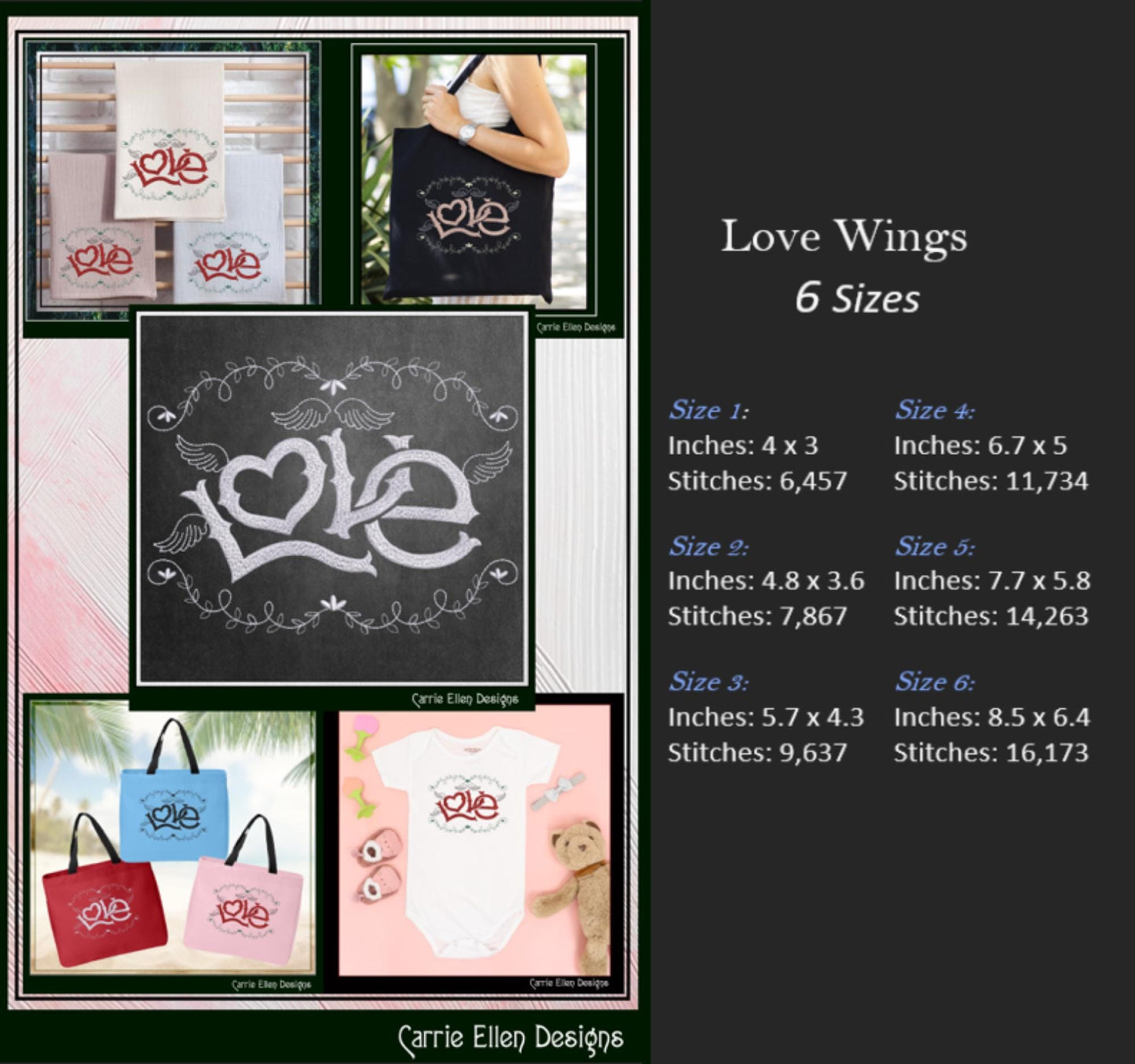 Love Machine Embroidery Design – Valentine’s Day Holiday Pattern, Romantic Doodle Wings, 6 Sizes (3136)