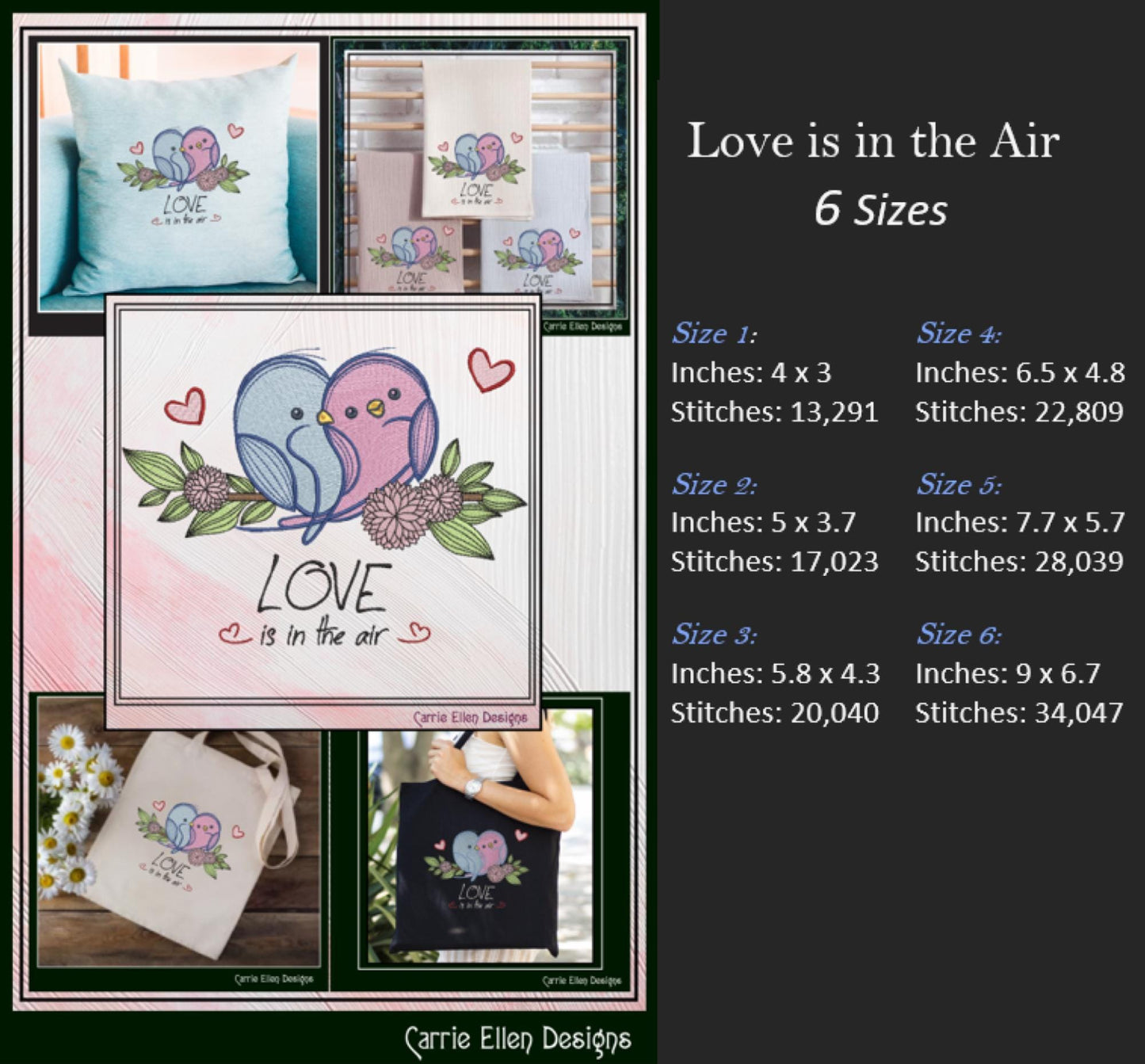 Love Bird Machine Embroidery Design – Valentine’s Day Holiday Pattern, Love Is in the Air Romantic Design, 6 Sizes (3135)