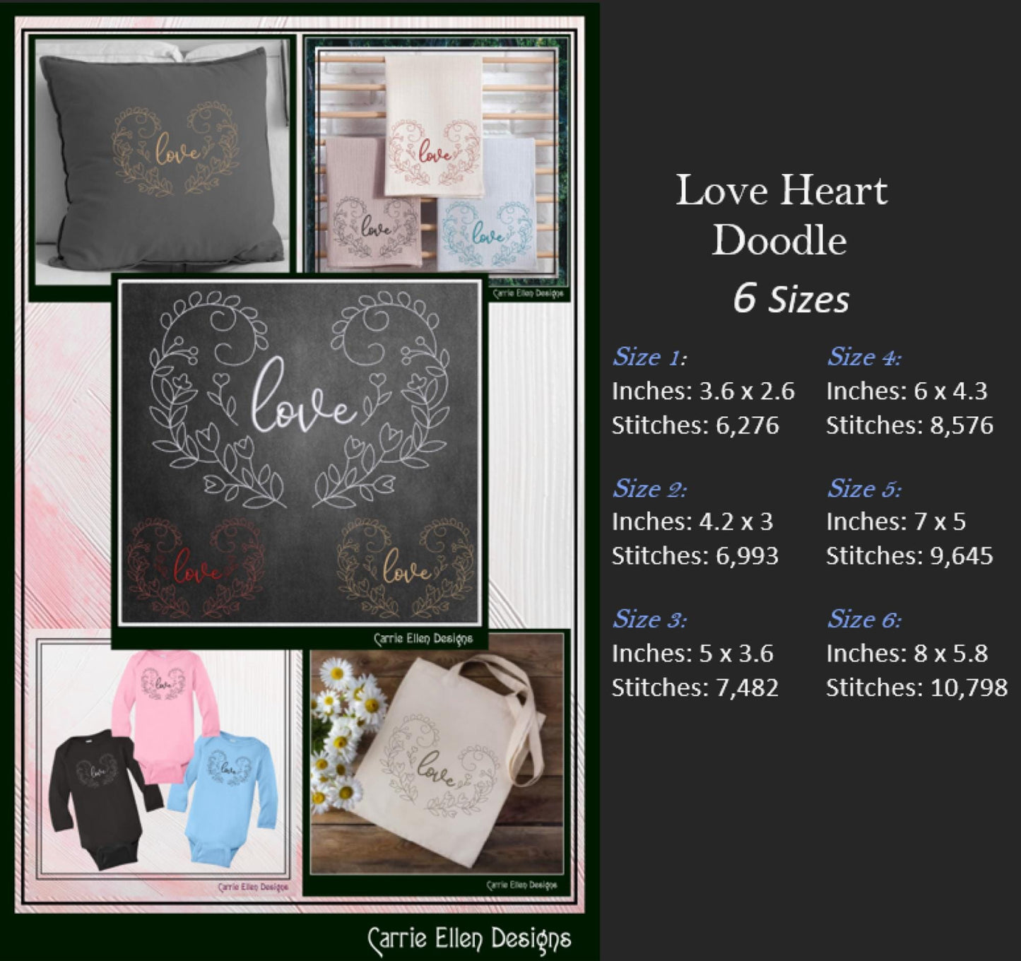 Love Machine Embroidery Design – Valentine’s Day Holiday Pattern, Romantic Heart Floral Vines, 6 Sizes (3127)