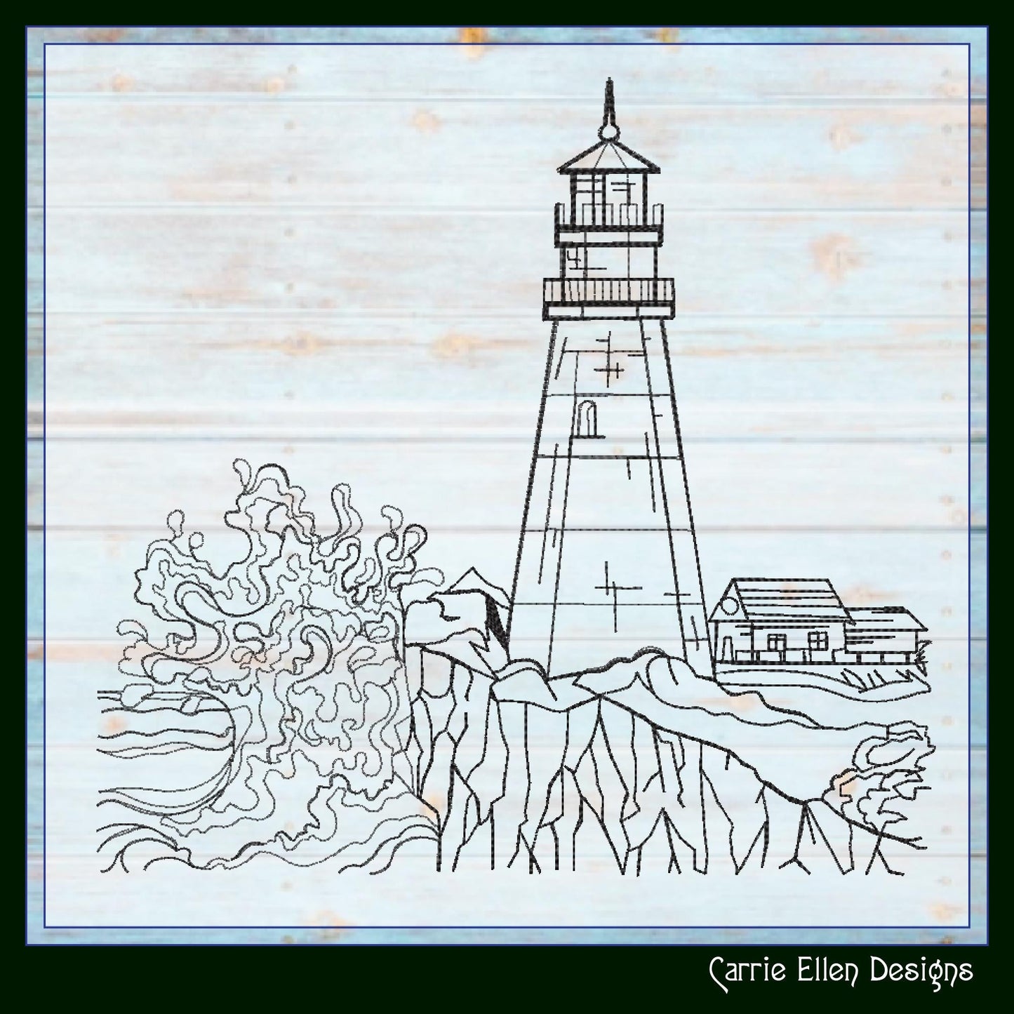 Lighthouse Embroidery Design – Cliffside Lighthouse Sketch, Coastal Island Design, 6 Sizes (3179)