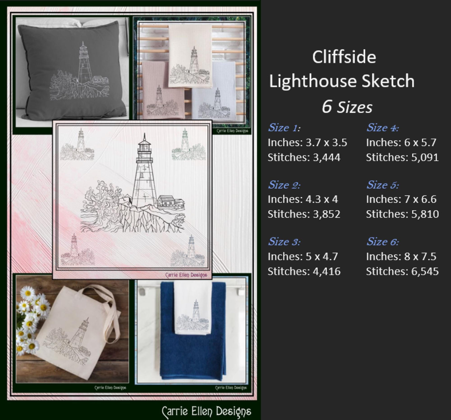 Lighthouse Embroidery Design – Cliffside Lighthouse Sketch, Coastal Island Design, 6 Sizes (3179)