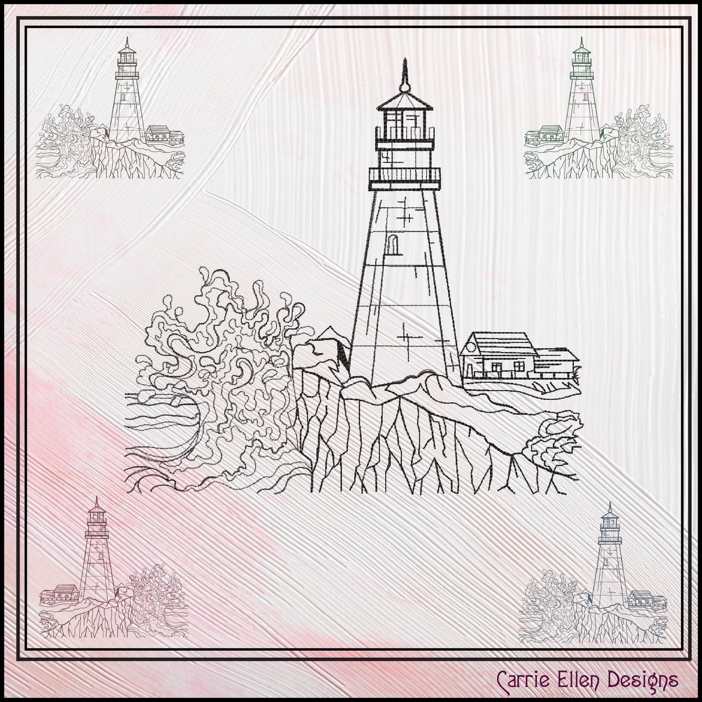 Lighthouse Embroidery Design – Cliffside Lighthouse Sketch, Coastal Island Design, 6 Sizes (3179)