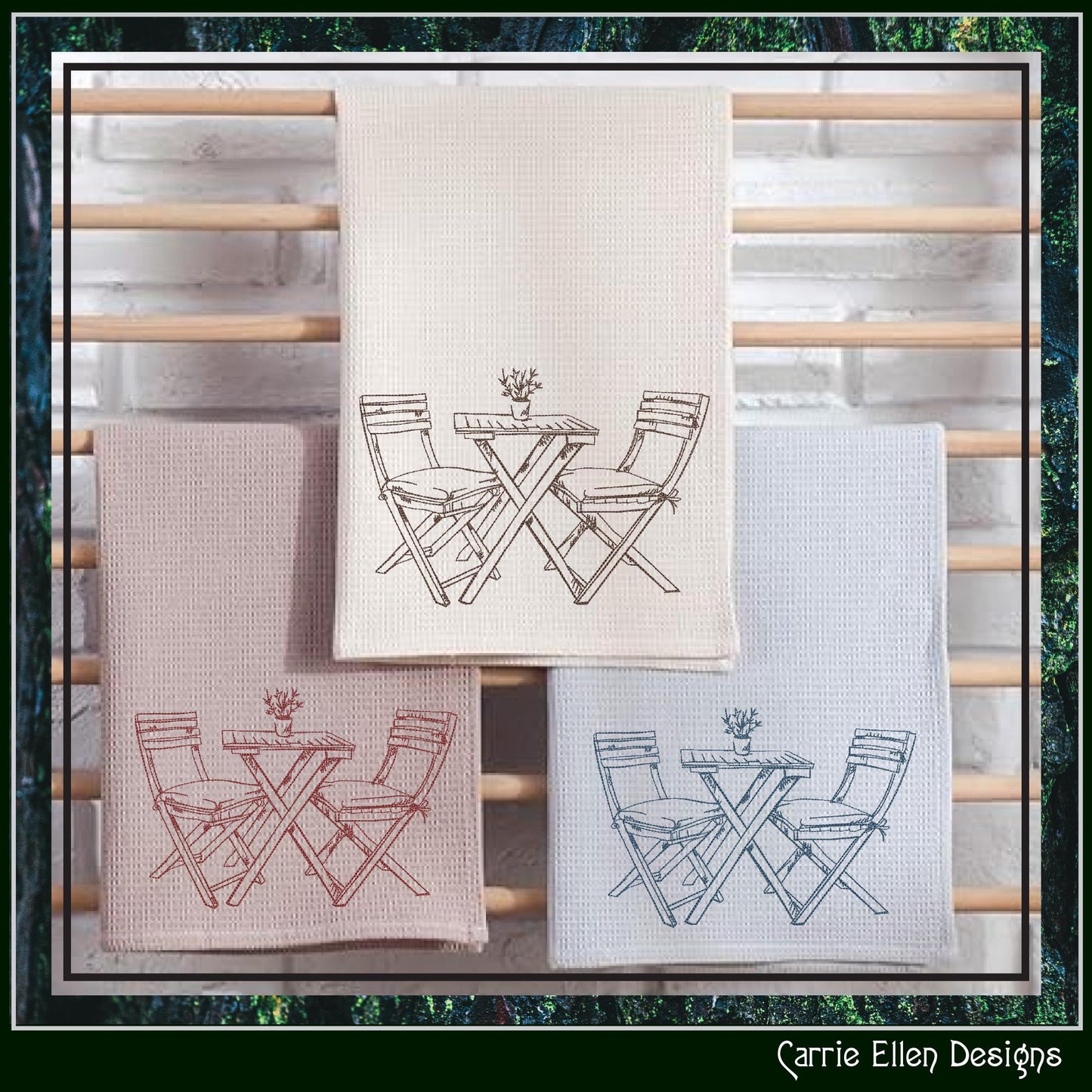 Patio Table Machine Embroidery Design, Wooden Table and Chairs Sketch Design, Relaxing Porch Seating Setting, 6 Sizes (3181)