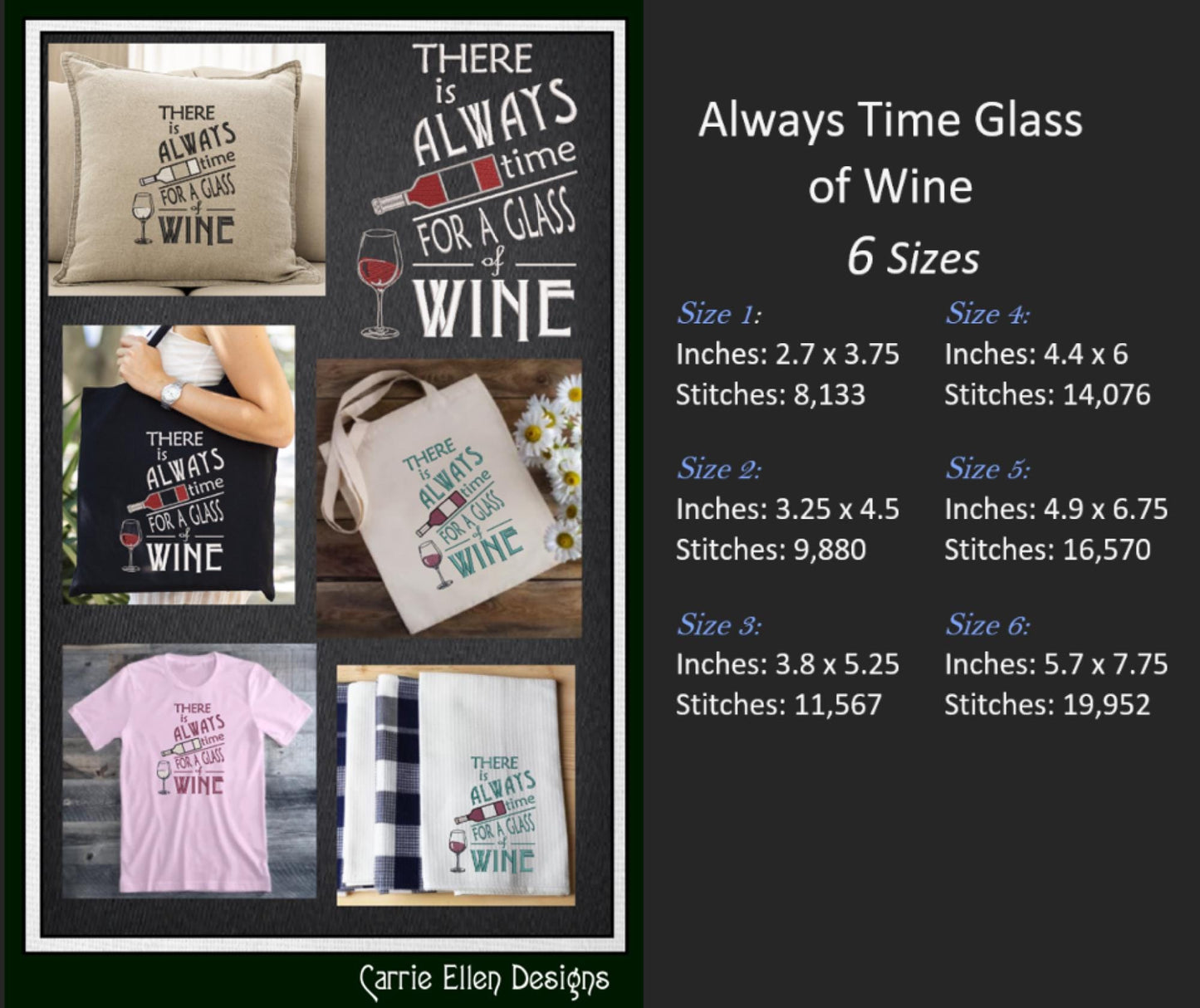 Wine Machine Embroidery Saying, There is Always Time for a Glass of Wine Design Saying and Quote, 6 Sizes (2263)