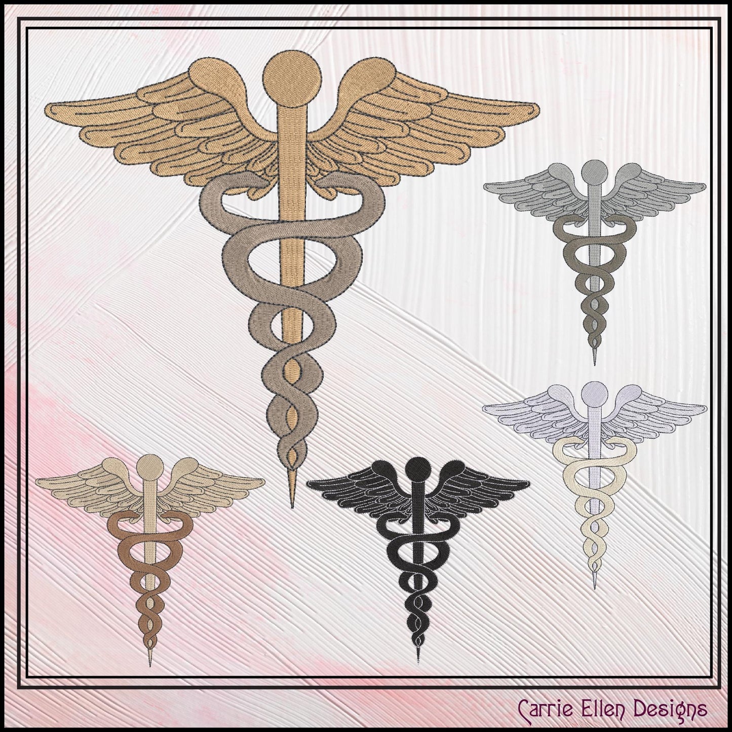 Caduceus Medical Symbol Machine Embroidery Design, Doctor Winged Staff Serpents, 6 Sizes (3152)