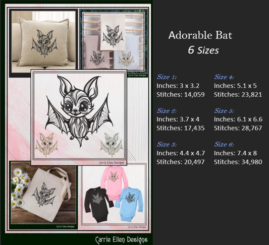 Bat Machine Embroidery Design, Adorable Bat for Kids Apparel, Flying Animal Pattern, 6 Sizes (3160)