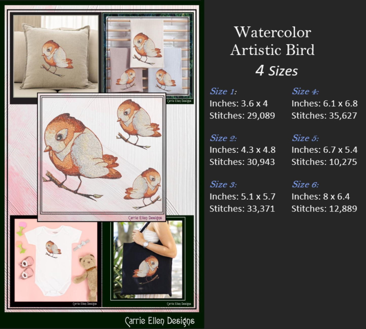 Bird Machine Embroidery Design, Artistic Watercolor Photo Stitch Bird, Nature Lover Gift, 4 Sizes (3141)