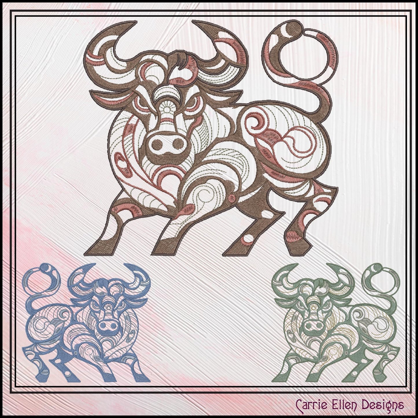 Bull Machine Embroidery Design, Artistic Horned Animal Pattern, Decorative Bull Cow, 6 Sizes (2619)