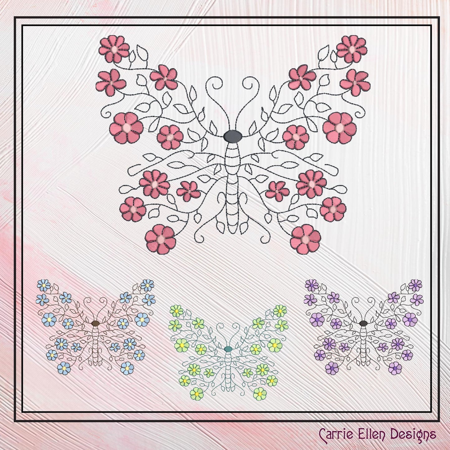 Butterfly Machine Embroidery Design, Floral Winged Decorative Butterfly Pattern, 6 Sizes (2258)