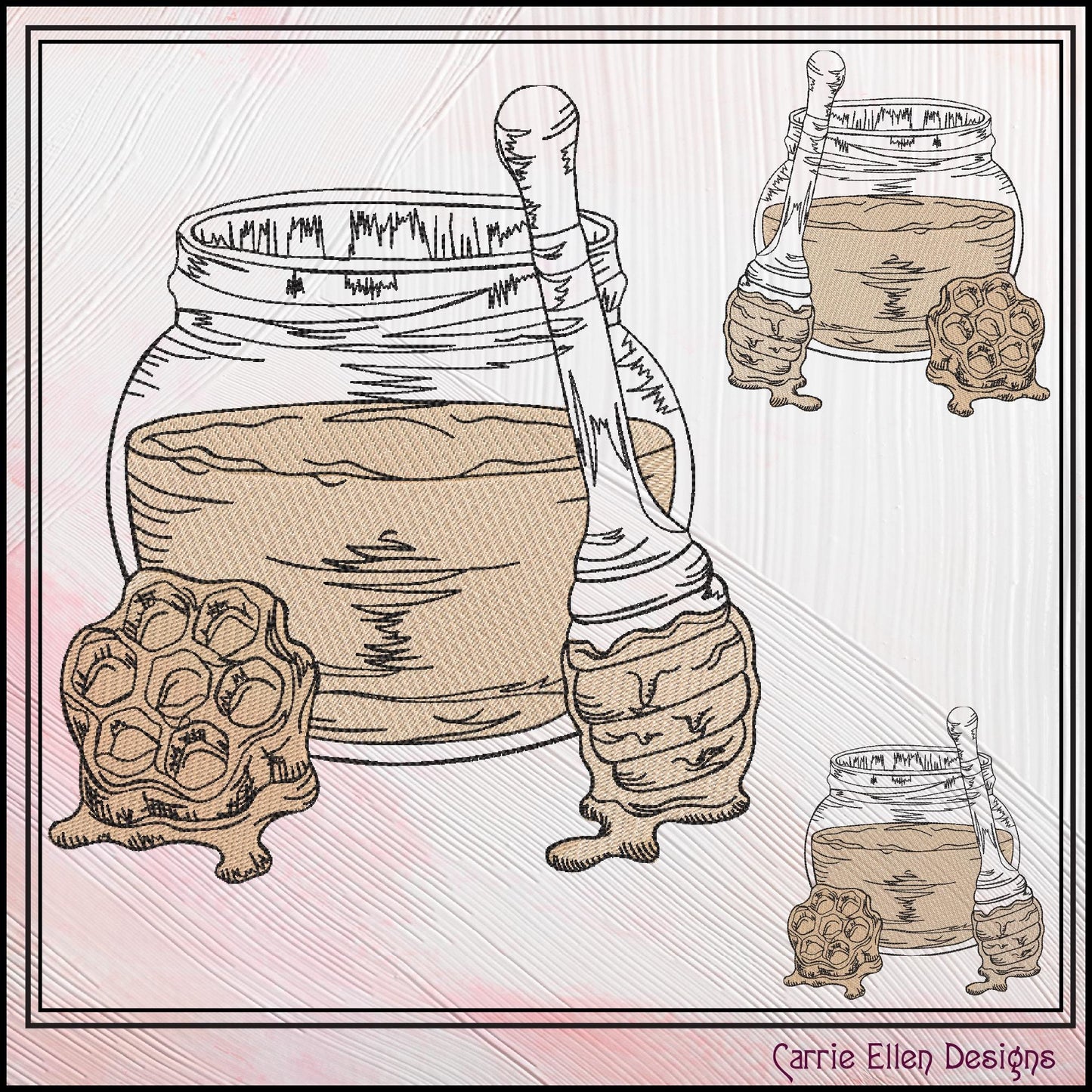 Honey Jar Machine Embroidery Design, Honeycomb Sketch Line Art, Sweet Bee Nectar Pattern, 6 Sizes (3168)