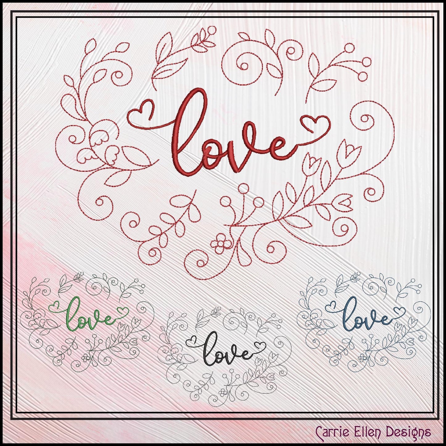 Love Machine Embroidery Design – Valentine’s Day Holiday Pattern, Romantic Doodle Floral Vines, 6 Sizes (3130)