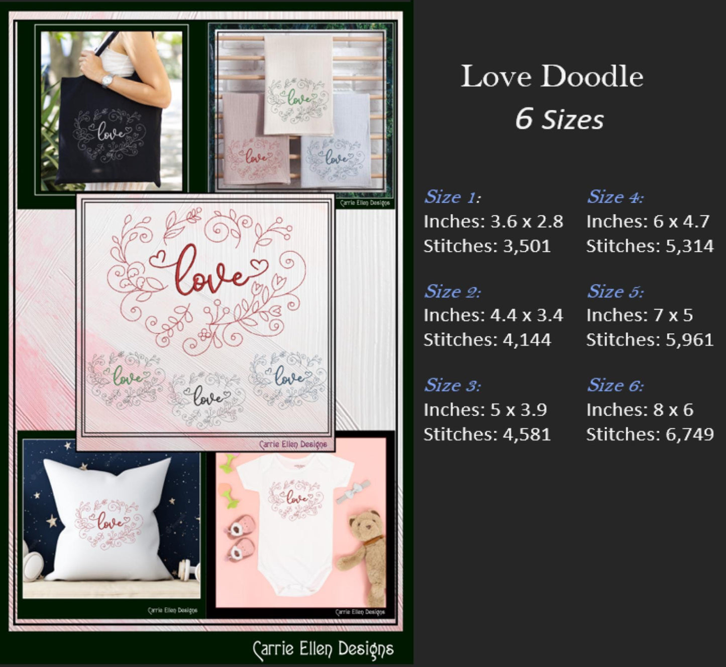 Love Machine Embroidery Design – Valentine’s Day Holiday Pattern, Romantic Doodle Floral Vines, 6 Sizes (3130)