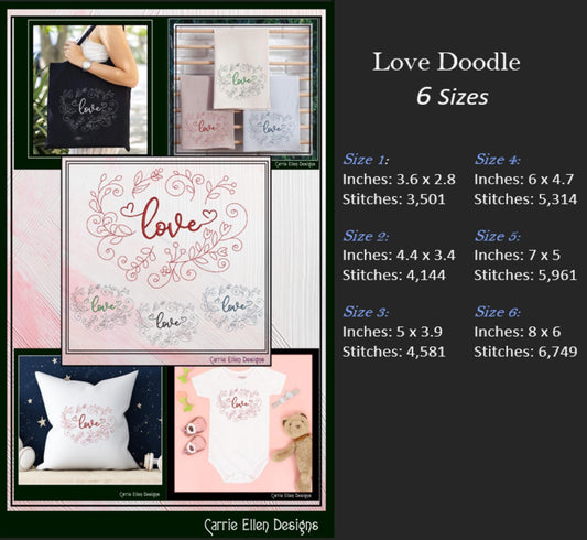 Love Machine Embroidery Design – Valentine’s Day Holiday Pattern, Romantic Doodle Floral Vines, 6 Sizes (3130)