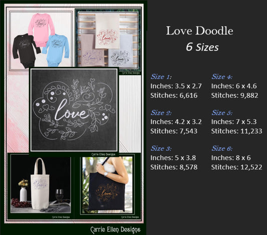 Love Machine Embroidery Design – Valentine’s Day Holiday Pattern, Romantic Doodle Floral Vines, 6 Sizes (3126)