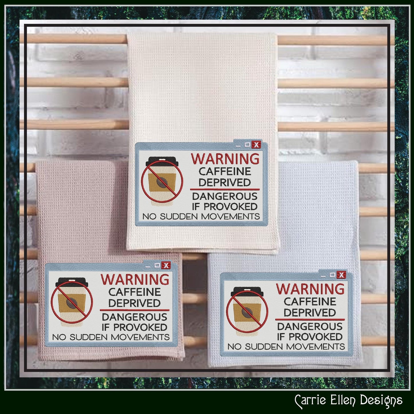 Funny Coffee Machine Embroidery Saying, Caffeine Deprived Warning Design, Snarky Caution Pop-Up Applique, 6 Sizes (3112)