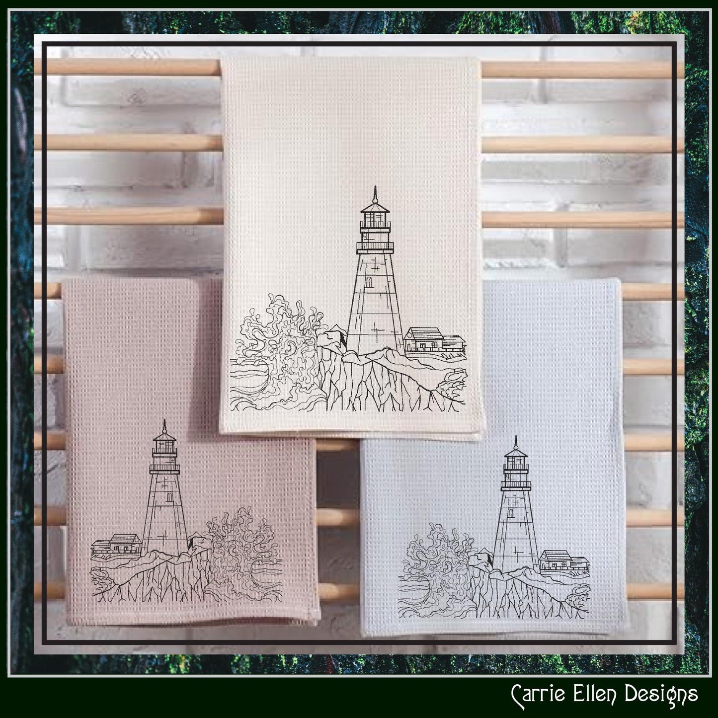 Lighthouse Embroidery Design – Cliffside Lighthouse Sketch, Coastal Island Design, 6 Sizes (3179)