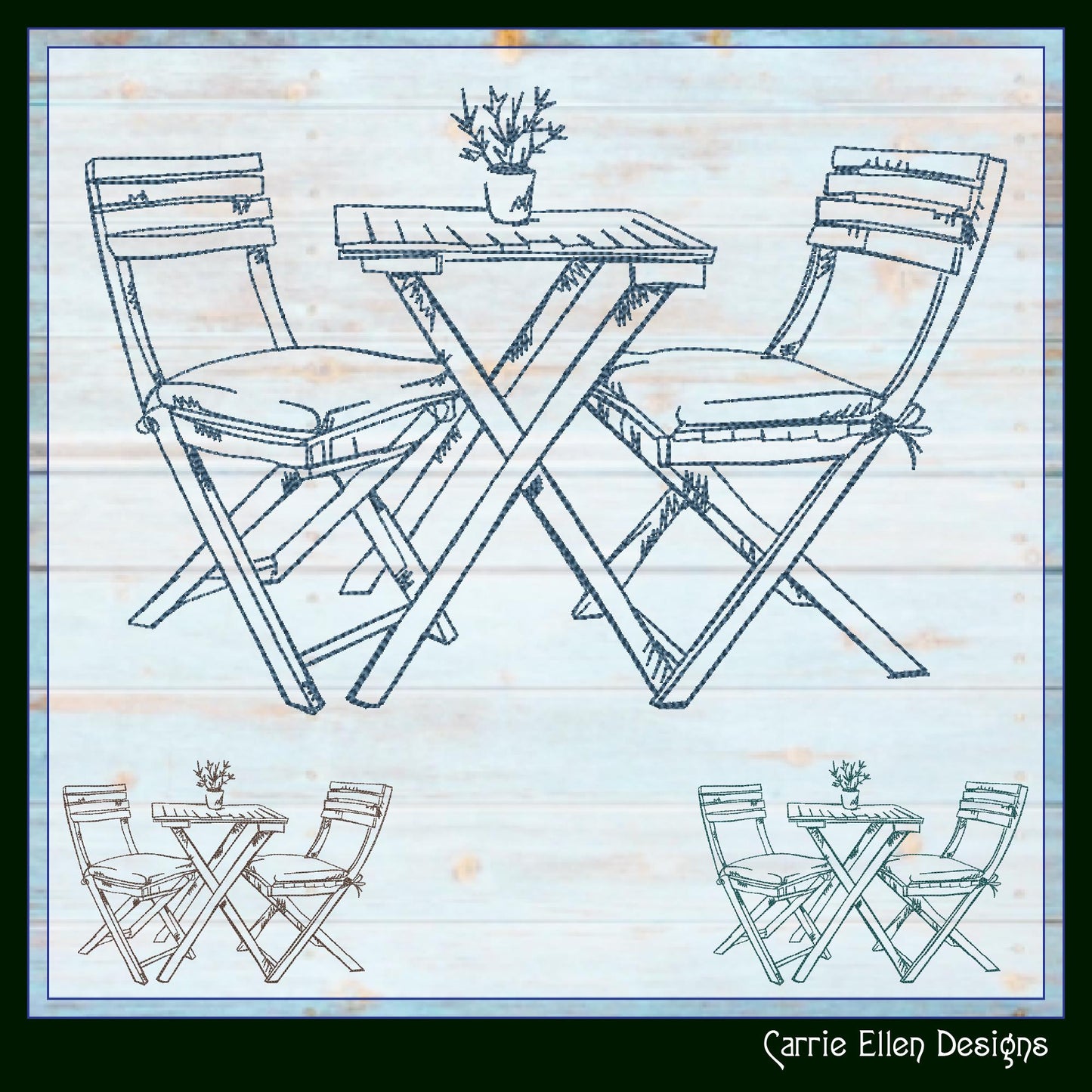 Patio Table Machine Embroidery Design, Wooden Table and Chairs Sketch Design, Relaxing Porch Seating Setting, 6 Sizes (3181)