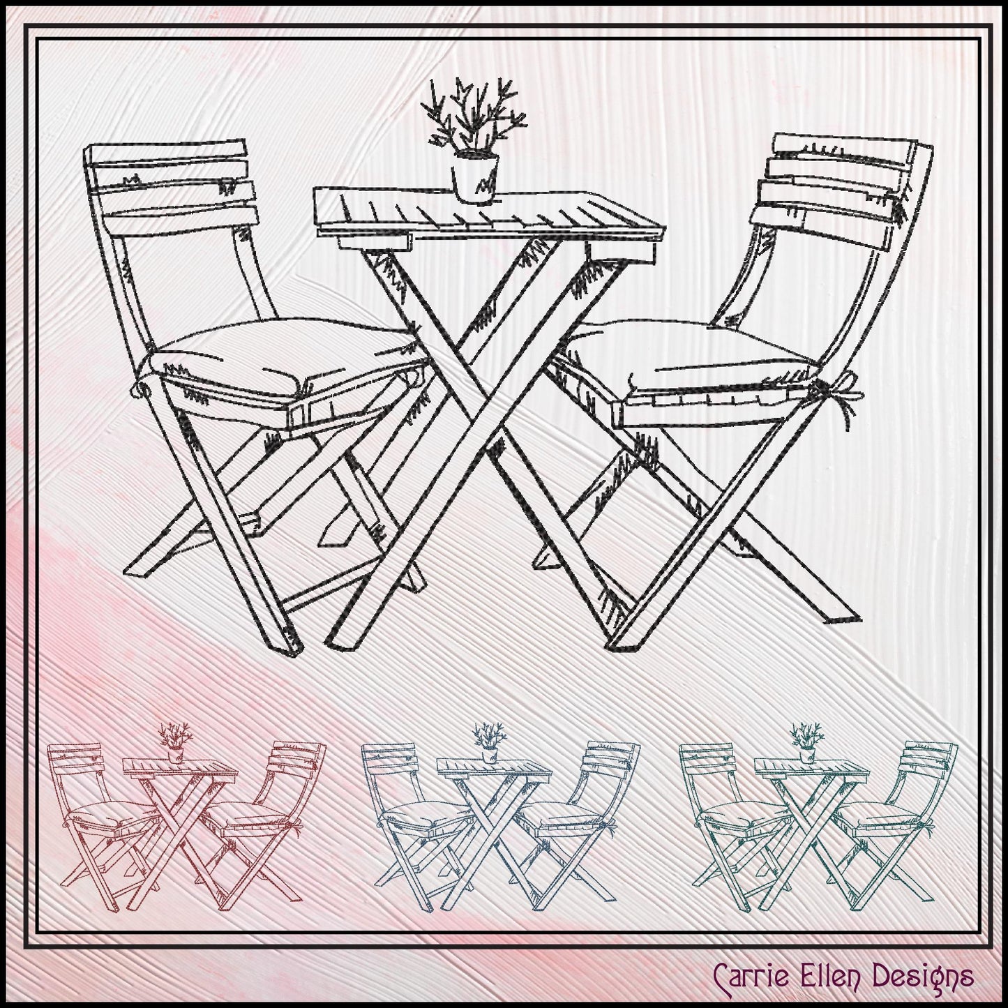 Patio Table Machine Embroidery Design, Wooden Table and Chairs Sketch Design, Relaxing Porch Seating Setting, 6 Sizes (3181)