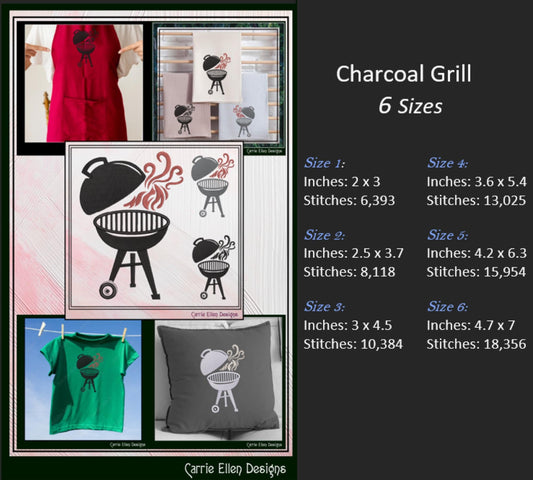 Barbeque Grill Machine Embroidery Design, Charcoal Grill Design, Outdoor Cooking Kettle with Flames, 6 Sizes (3186)