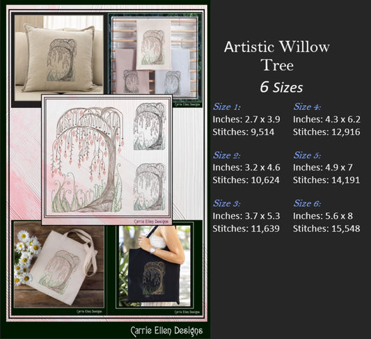 Artistic Willow Tree Machine Embroidery Design, Line Art Sketch Tree Pattern, Weeping Willow, 6 Sizes (3202)