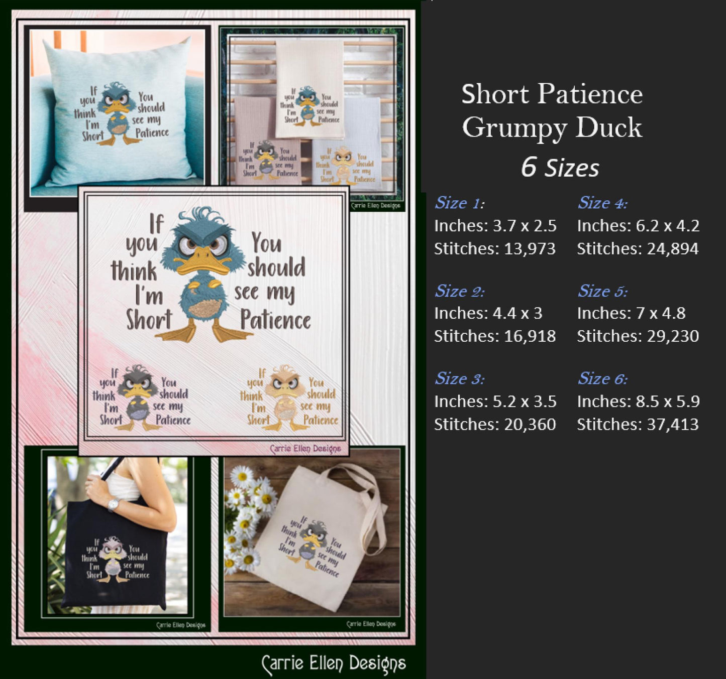 Grumpy Duck with Attitude Embroidery Design Saying, Short Patience Snarky Saying, Funny Quotes, 6 Sizes (3247)