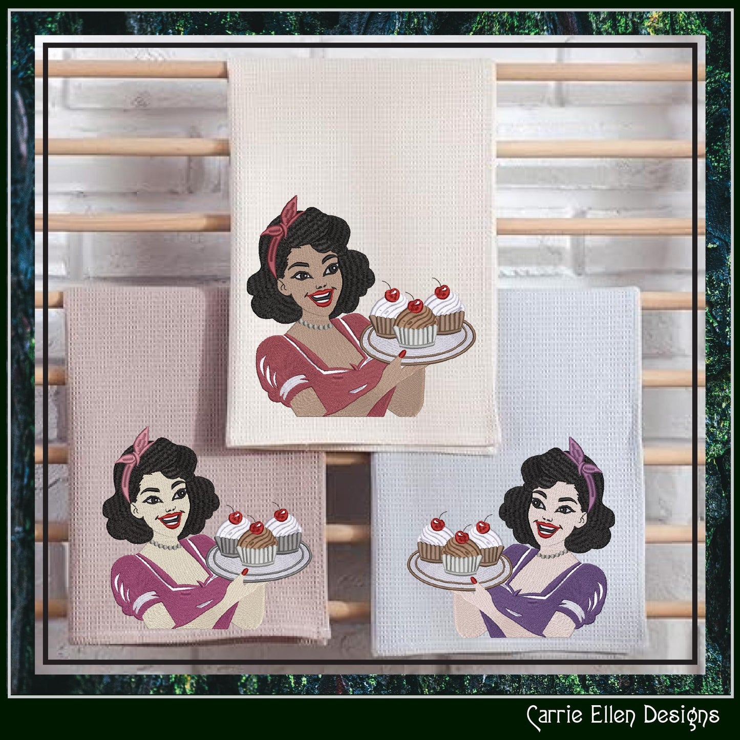 Housewife with Cupcakes Machine Embroidery Design, Vintage Woman with Baked Cakes, 50s Classic Mom, 6 Sizes (3280)