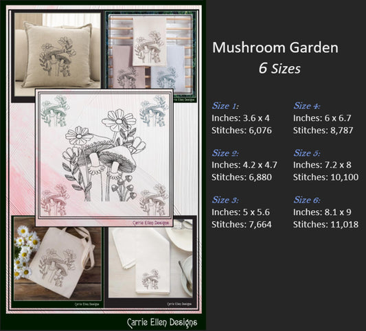 Mushroom Garden Line Art Machine Embroidery Design, Floral Mushroom Fungus Garden Sketch, 6 Sizes (3211)