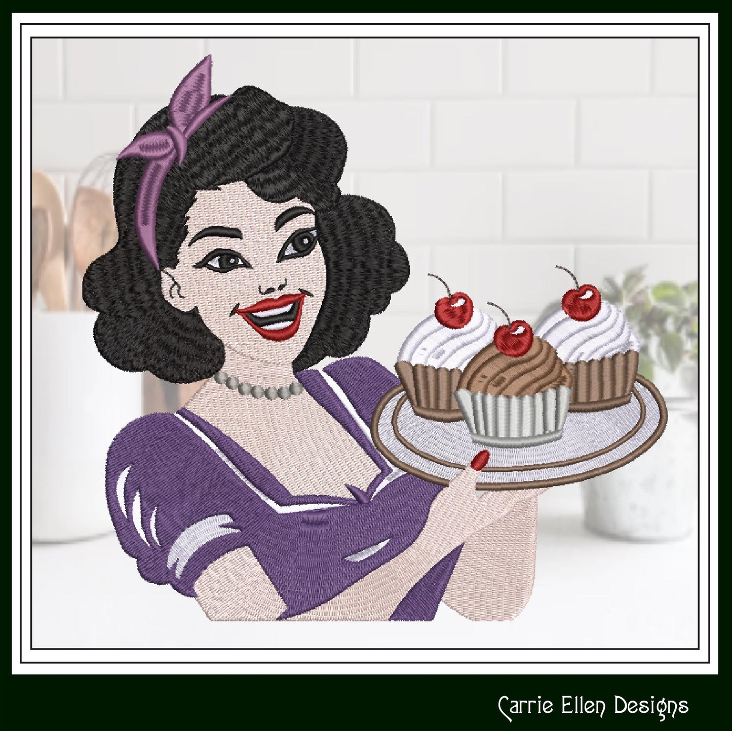 Housewife with Cupcakes Machine Embroidery Design, Vintage Woman with Baked Cakes, 50s Classic Mom, 6 Sizes (3280)
