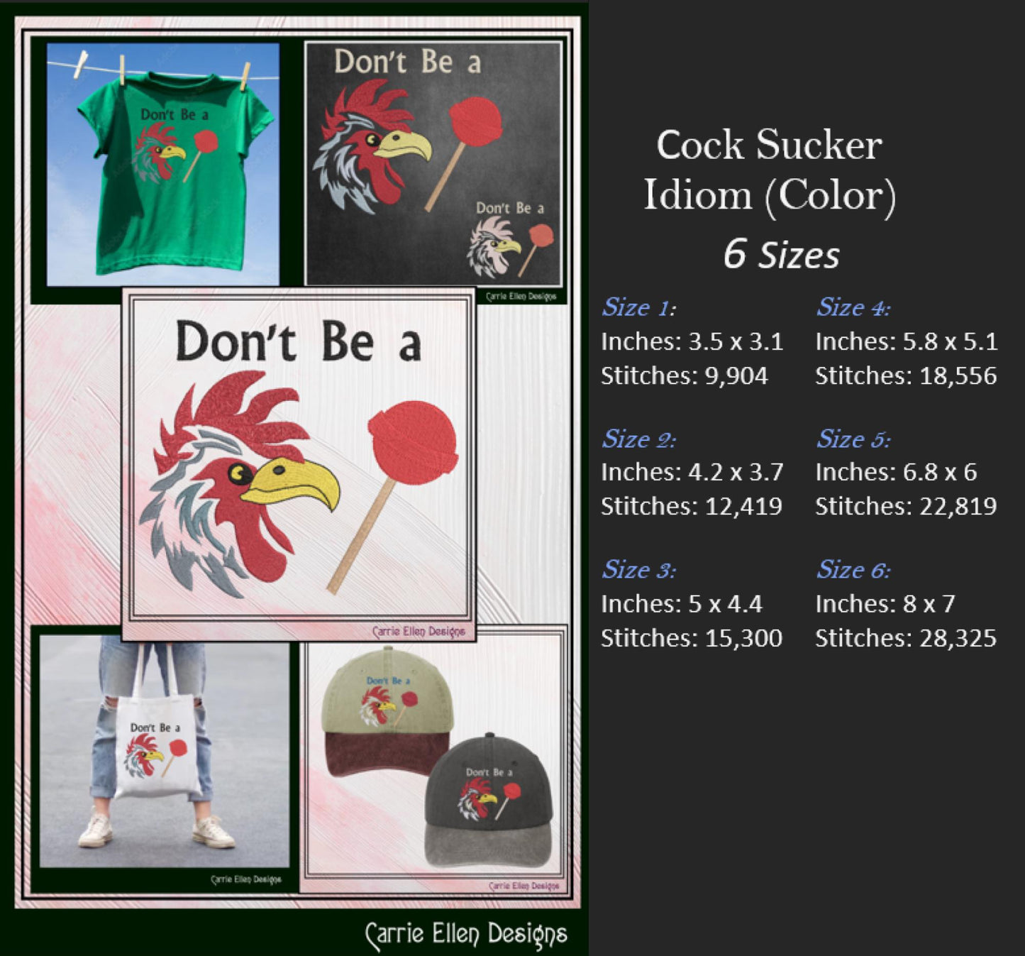 Dont Be A Cock Sucker Machine Embroidery Design Saying, Cock Sucker Rooster and Lollipop Picture Pattern, 6 Sizes (3230)