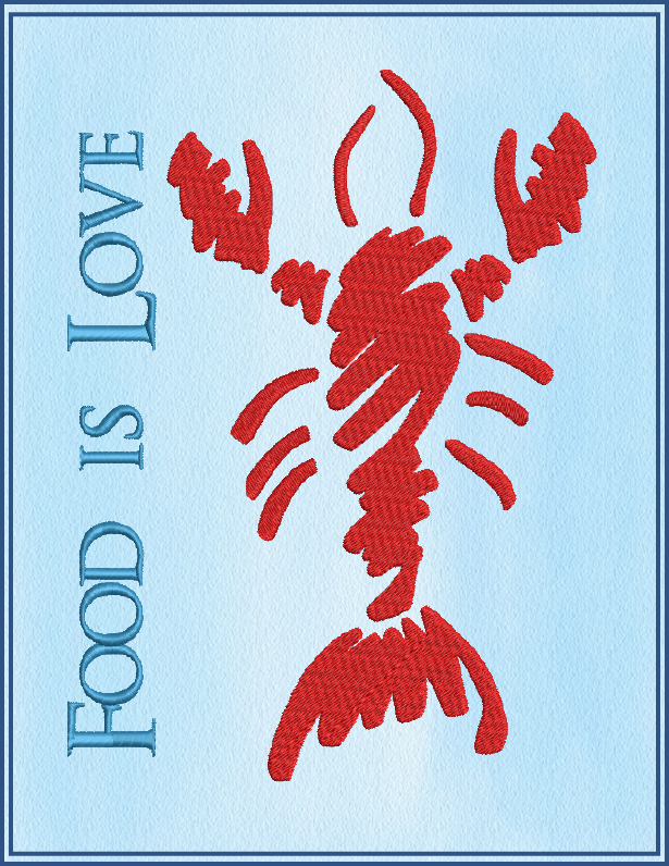Lobster Machine Embroidery Design – Red Lobster "Food is Love" Bib Design – Kitchen or Seafood Embroidery – 10 Sizes (0207)
