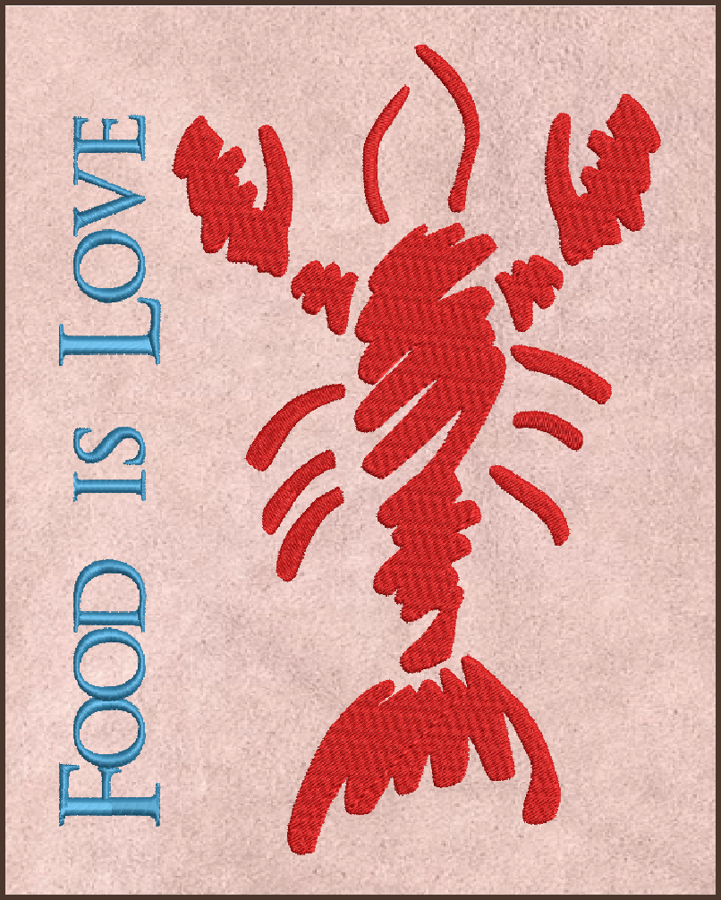 Lobster Machine Embroidery Design – Red Lobster "Food is Love" Bib Design – Kitchen or Seafood Embroidery – 10 Sizes (0207)