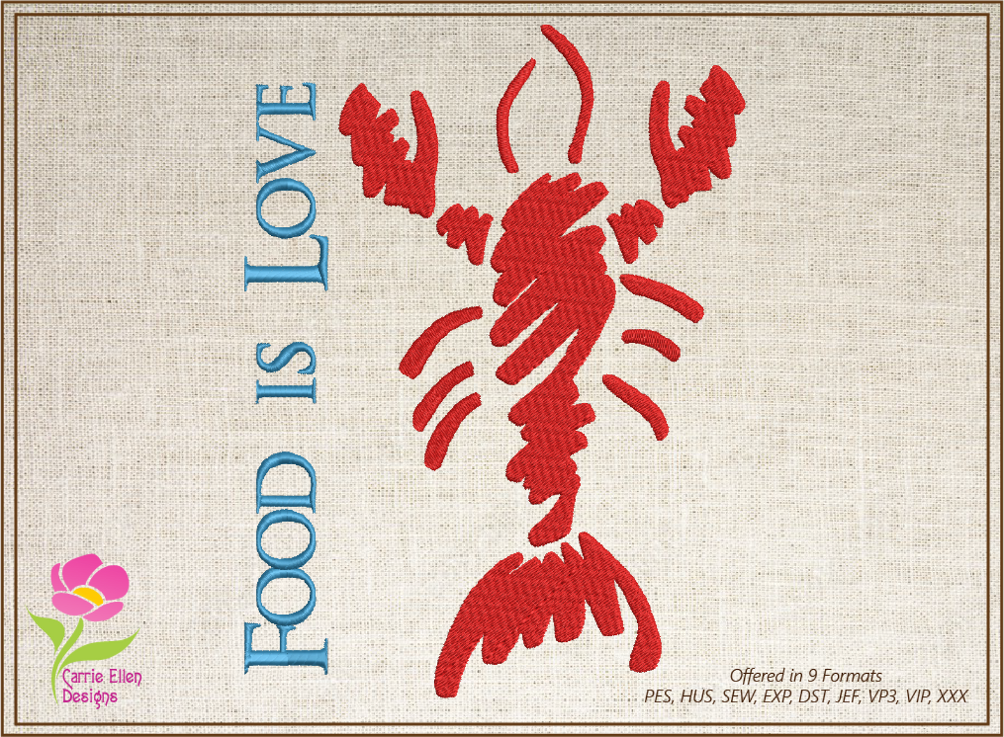 Lobster Machine Embroidery Design – Red Lobster "Food is Love" Bib Design – Kitchen or Seafood Embroidery – 10 Sizes (0207)