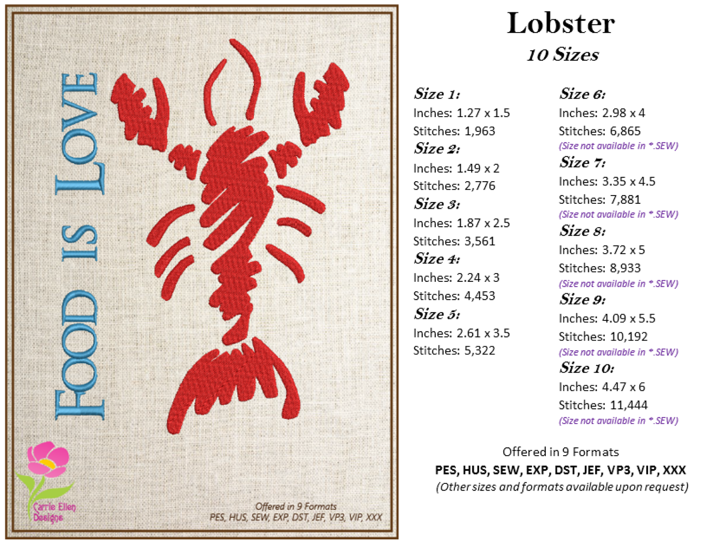 Lobster Machine Embroidery Design – Red Lobster "Food is Love" Bib Design – Kitchen or Seafood Embroidery – 10 Sizes (0207)