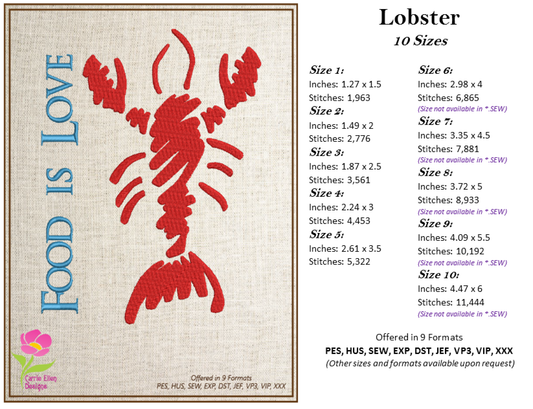 Lobster Machine Embroidery Design – Red Lobster "Food is Love" Bib Design – Kitchen or Seafood Embroidery – 10 Sizes (0207)