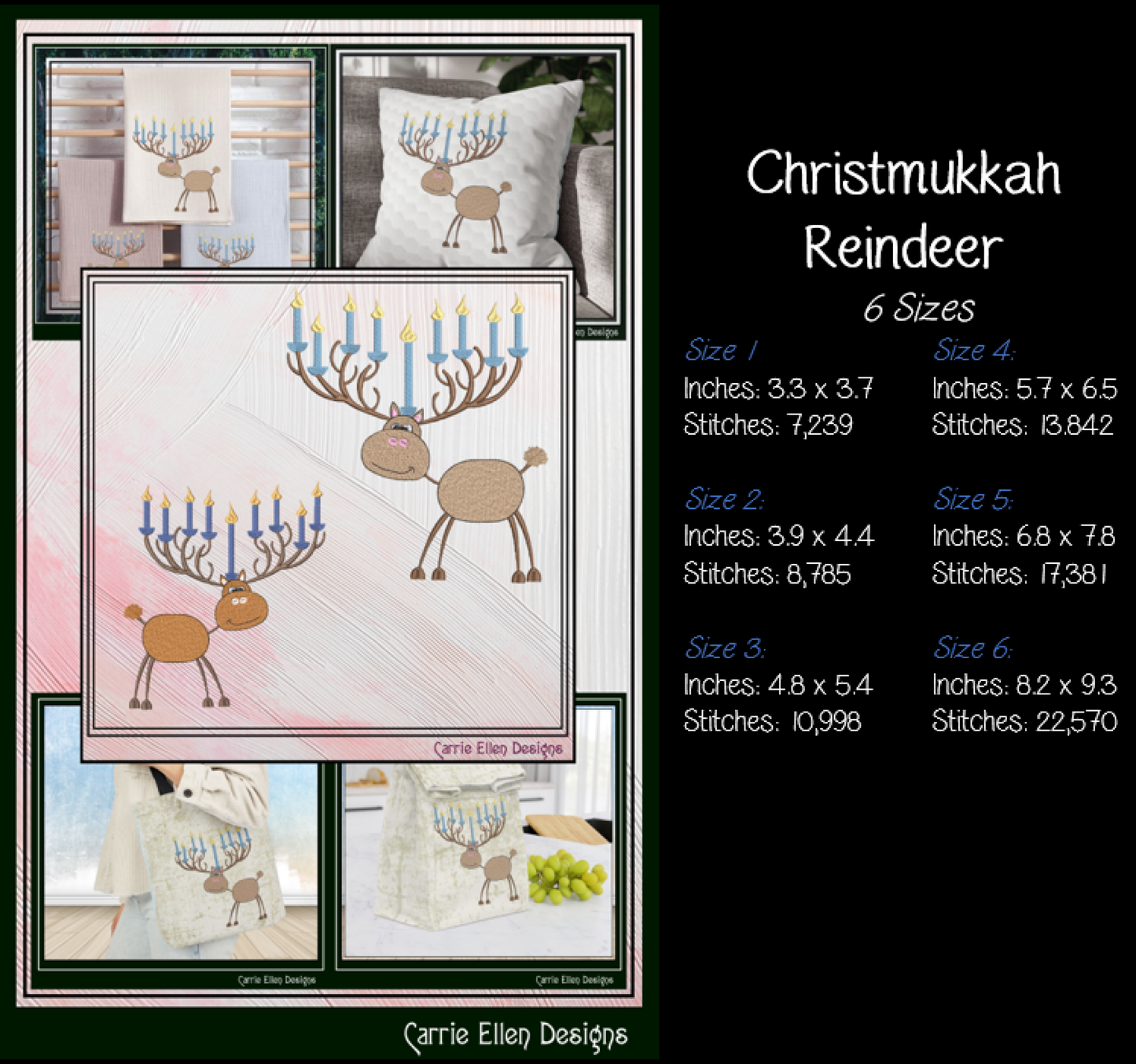 Chrismukkah Reindeer Machine Embroidery Design | Reindeer with Menorah Antlers, 6 Sizes (0142)