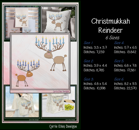 Chrismukkah Reindeer Machine Embroidery Design | Reindeer with Menorah Antlers, 6 Sizes (0142)