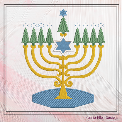 Chrismukkah Machine Embroidery Design – Menorah with Christmas Tree Candles, Jewish Christmas Stitch File, 8 Sizes (0145)