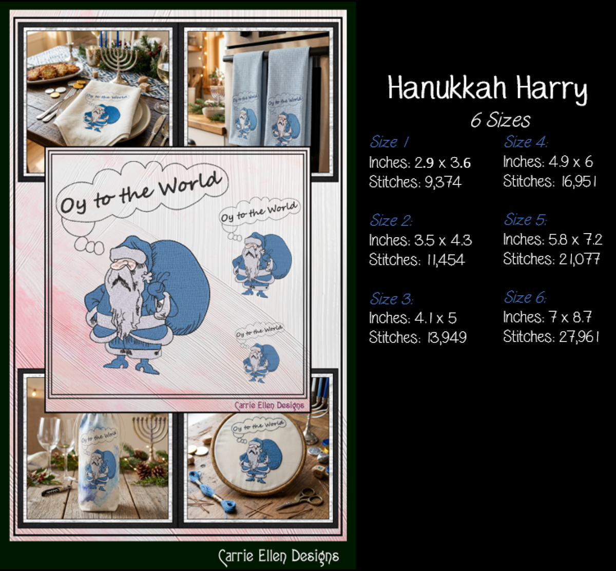 "Oy to the World" Hanukkah Harry Machine Embroidery Design | Funny Jewish Holiday Pattern, 6 Sizes (0155)