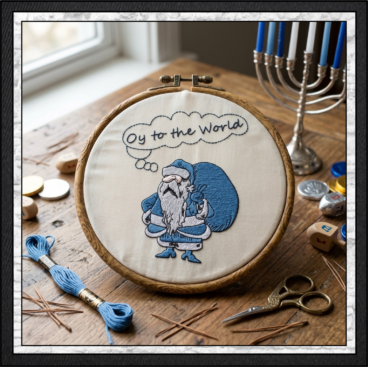 "Oy to the World" Hanukkah Harry Machine Embroidery Design | Funny Jewish Holiday Pattern, 6 Sizes (0155)