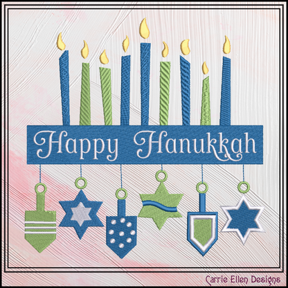 Happy Hanukkah Menorah Machine Embroidery Design File - Dreidel Star of David Pattern, 6 Sizes (0156)