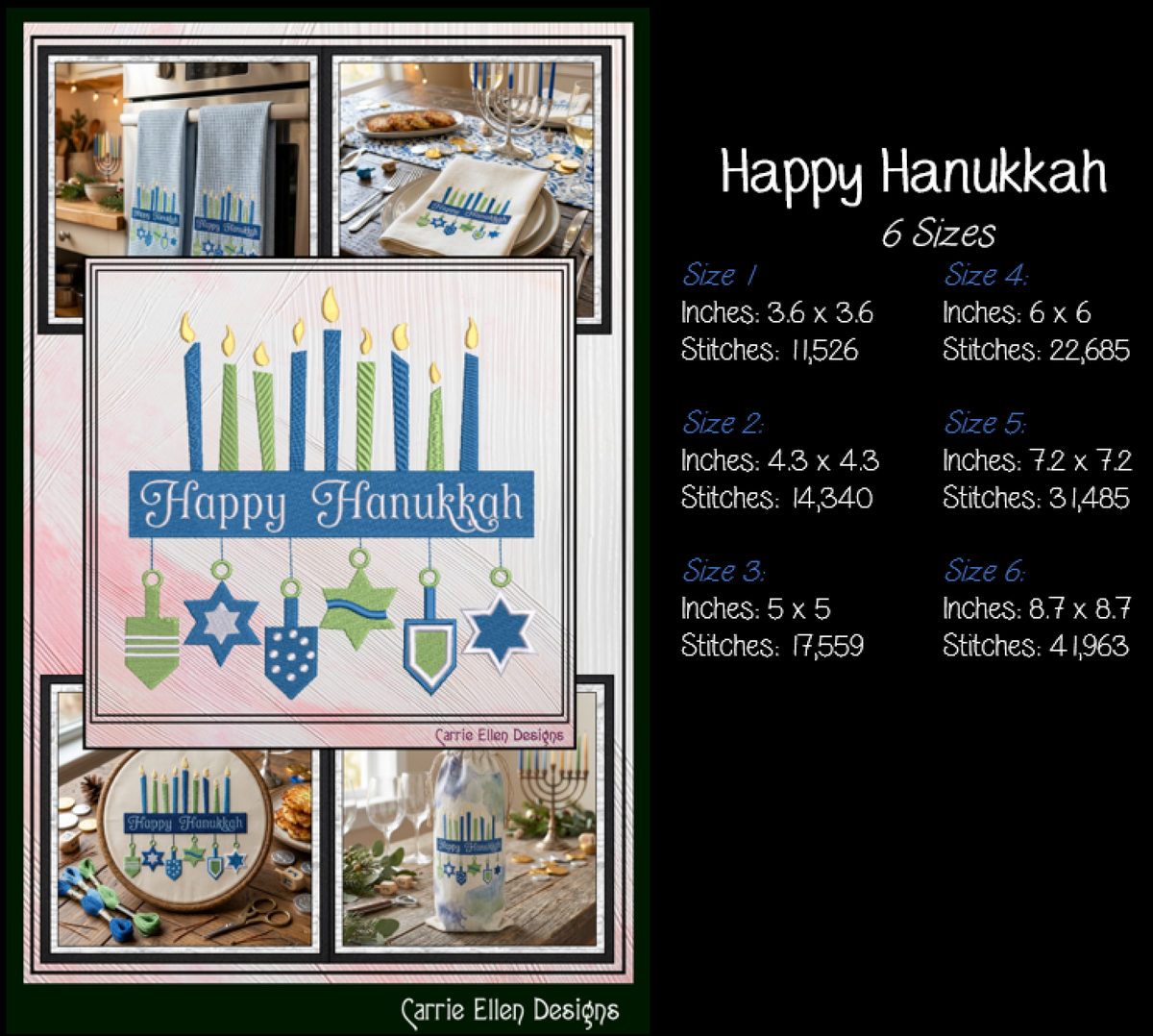 Happy Hanukkah Menorah Machine Embroidery Design File - Dreidel Star of David Pattern, 6 Sizes (0156)