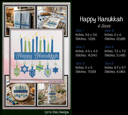 Happy Hanukkah Menorah Machine Embroidery Design File - Dreidel Star of David Pattern, 6 Sizes (0156)