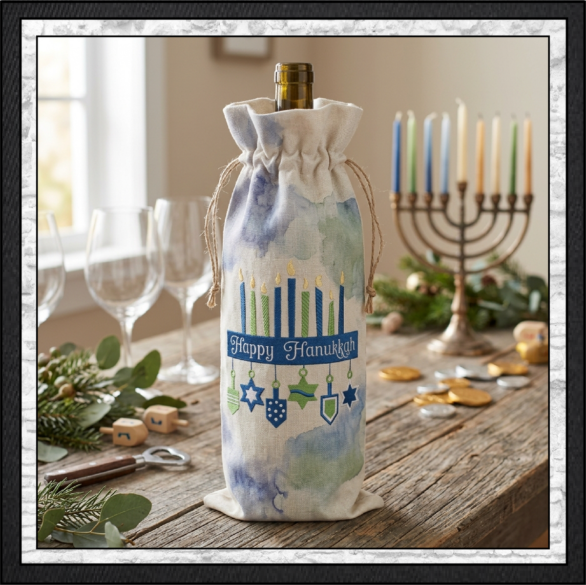 Happy Hanukkah Menorah Machine Embroidery Design File - Dreidel Star of David Pattern, 6 Sizes (0156)