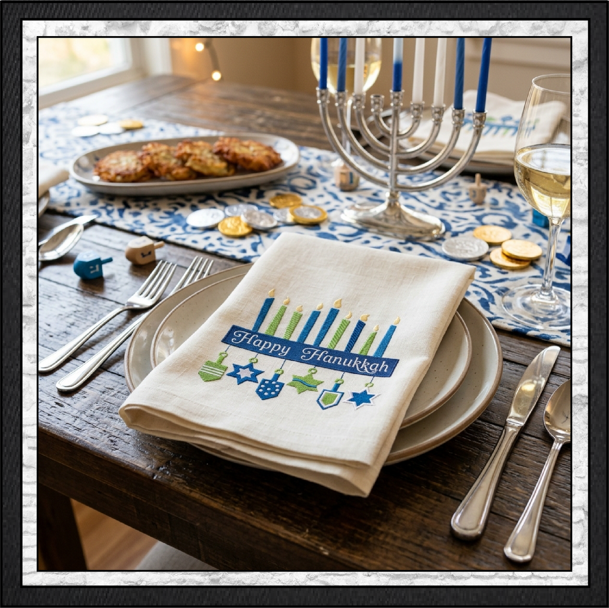 Happy Hanukkah Menorah Machine Embroidery Design File - Dreidel Star of David Pattern, 6 Sizes (0156)
